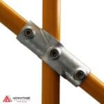 Close-up of ModuClamp 130 adjustable cross fitting for pipe connections.