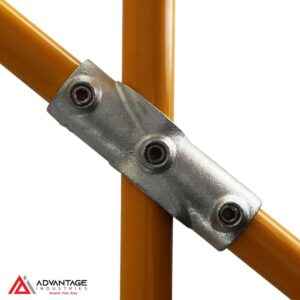 Close-up of ModuClamp 130 adjustable cross fitting for pipe connections.