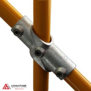 Close-up of ModuClamp 130 adjustable cross fitting for pipes.