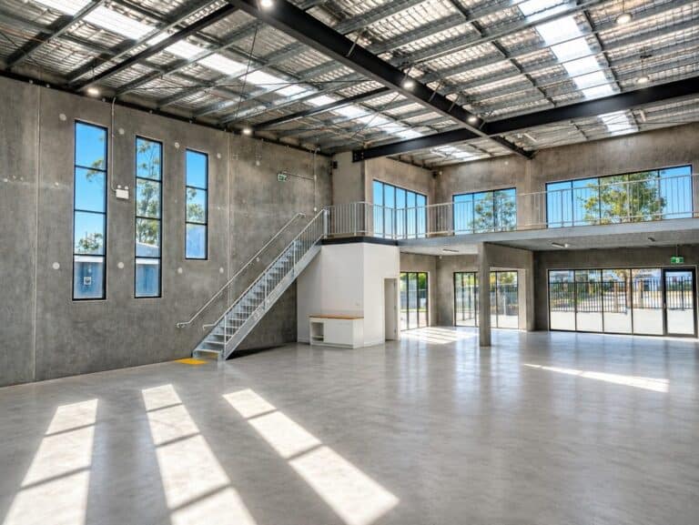 Spacious industrial interior with large windows and high ceilings.