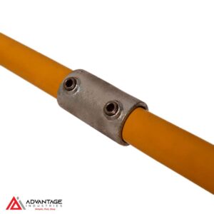 Yellow pipe with ModuClamp 149 sleeve joiner fitting for plumbing.
